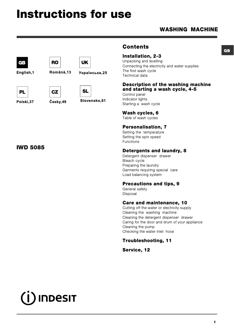 Page n°1 - Manuel utilisateur Indesit IWD 5085