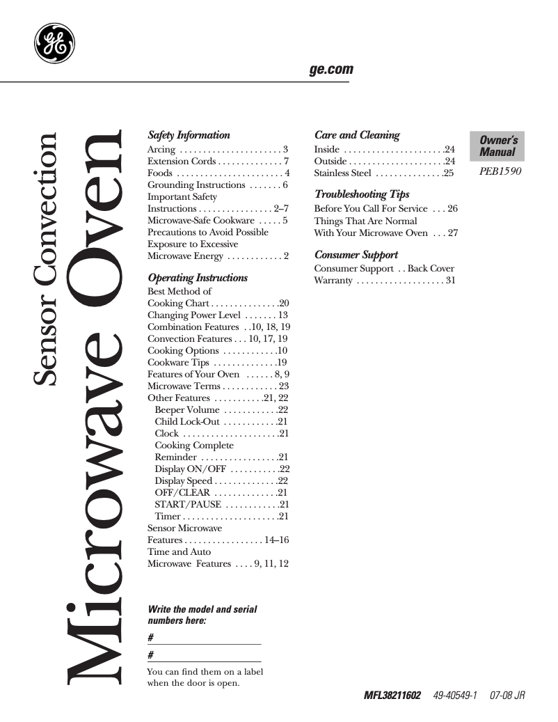 Page n°1 - Manuel utilisateur GE PEB1590SM