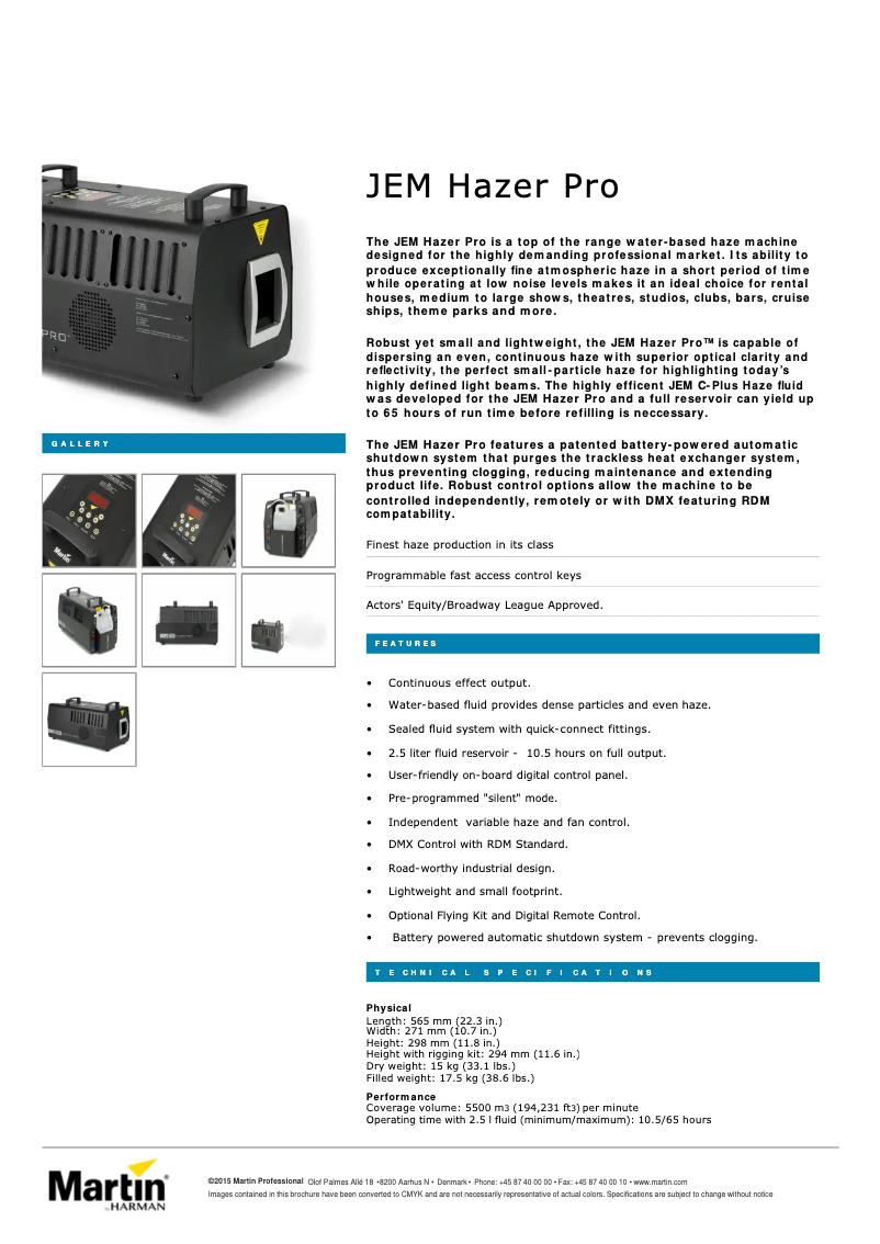 Page 1 de la notice Fiche technique Martin JEM Hazer Pro