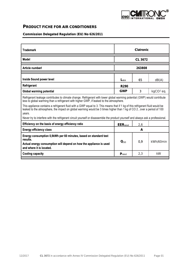 Página 1 del manual Ficha técnica Clatronic CL 3672