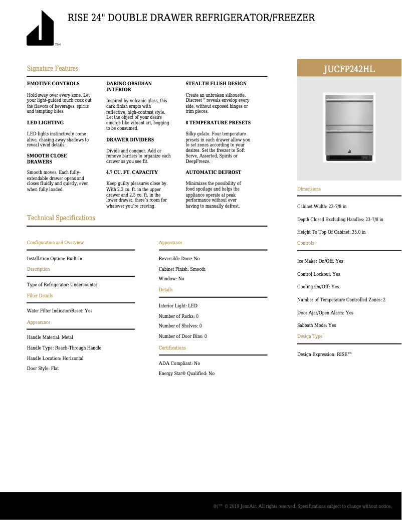 Page n°1 - Fiche technique JennAir JUCFP242HL
