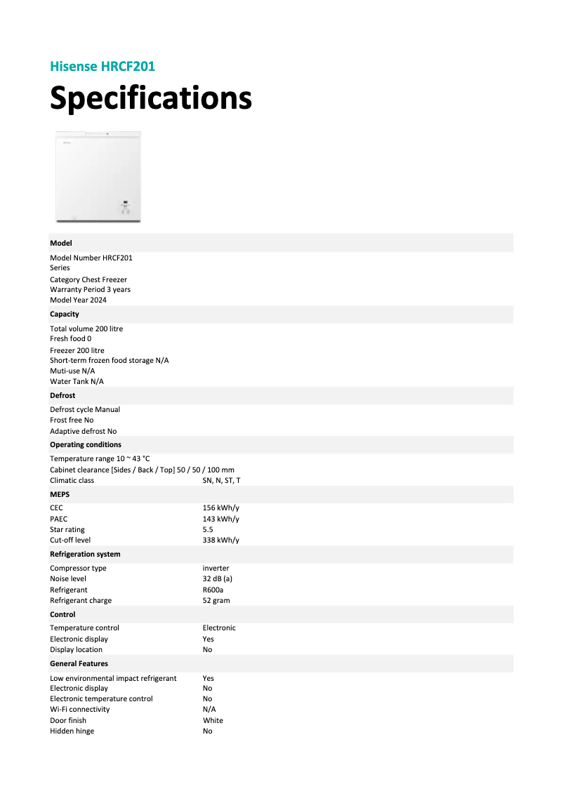 Page 1 de la notice Fiche technique Hisense HRCF201