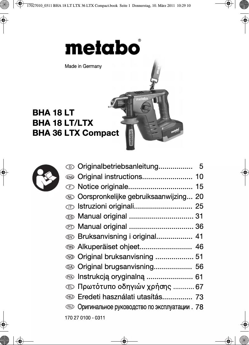 Page n°1 - Manuel utilisateur Metabo BHA 36 LTX Compact