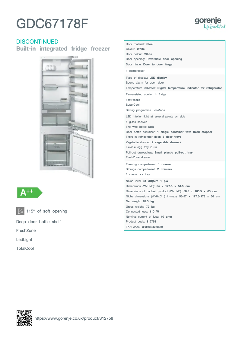 Page 1 de la notice Fiche technique Gorenje GDC67178F