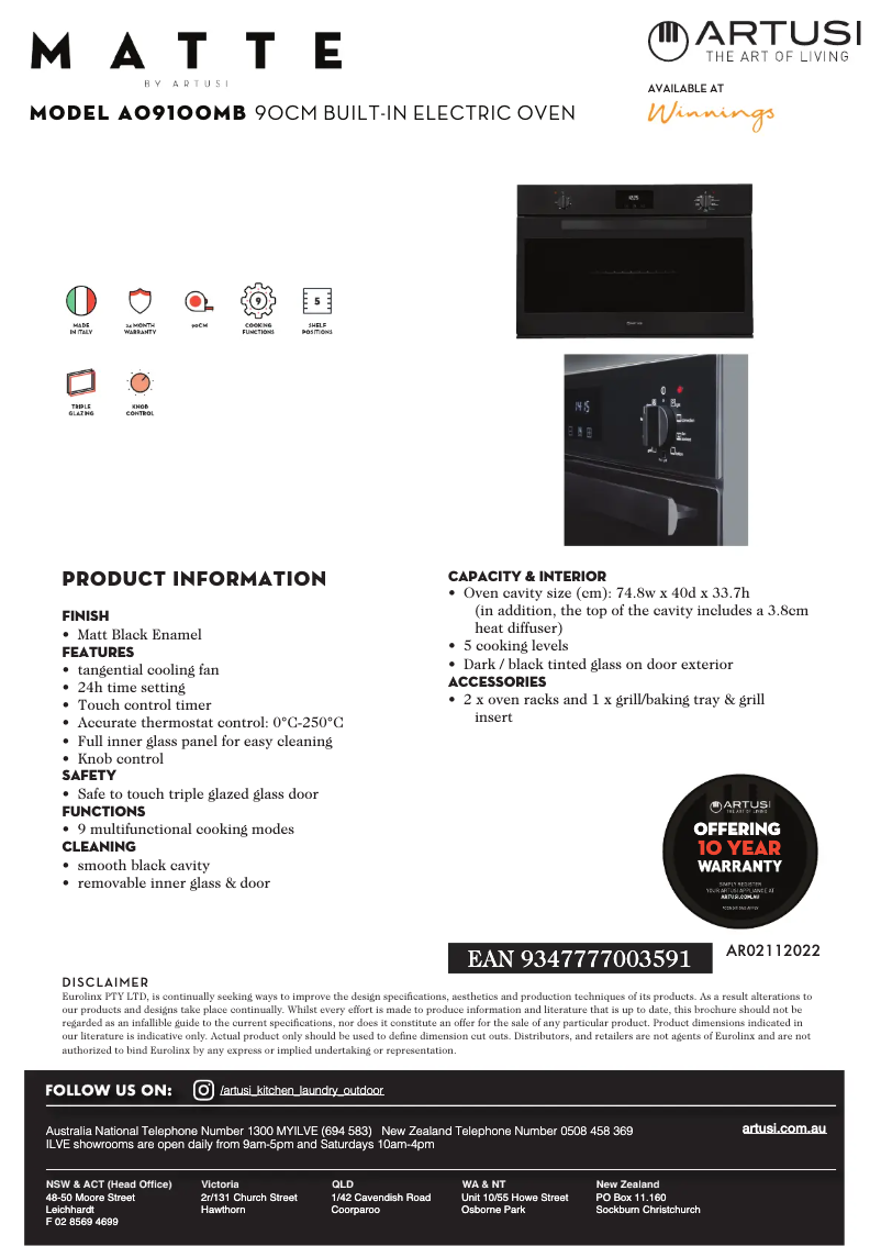 Página 1 del manual Ficha técnica Artusi AO9100MB