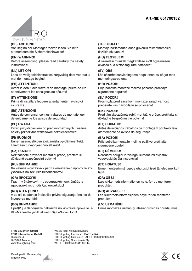 Page 1 de la notice Manuel utilisateur Trio Lighting Dolomite 651700152