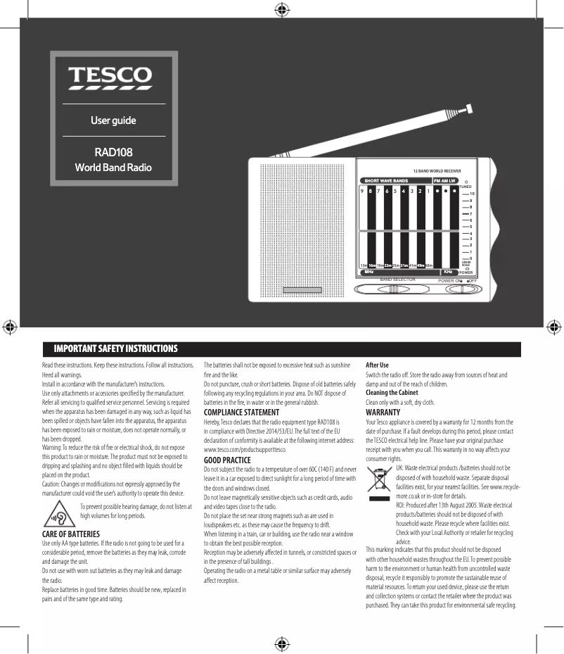 Page 1 de la notice Manuel utilisateur Tesco RAD108