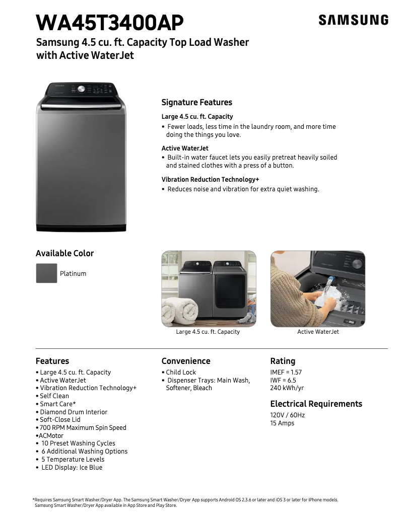 Page 1 de la notice Fiche technique Samsung WA45T3400AP