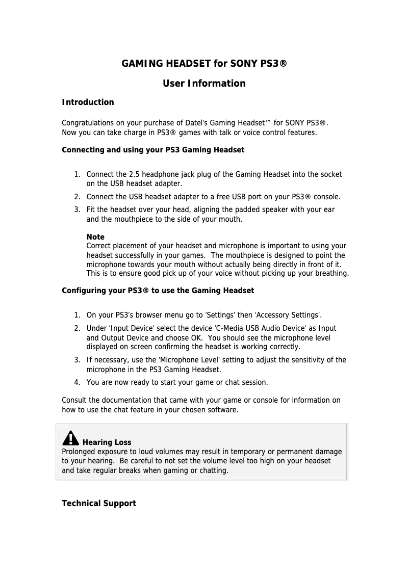 Page 1 de la notice Manuel utilisateur Datel Gaming Headset Sony PS3