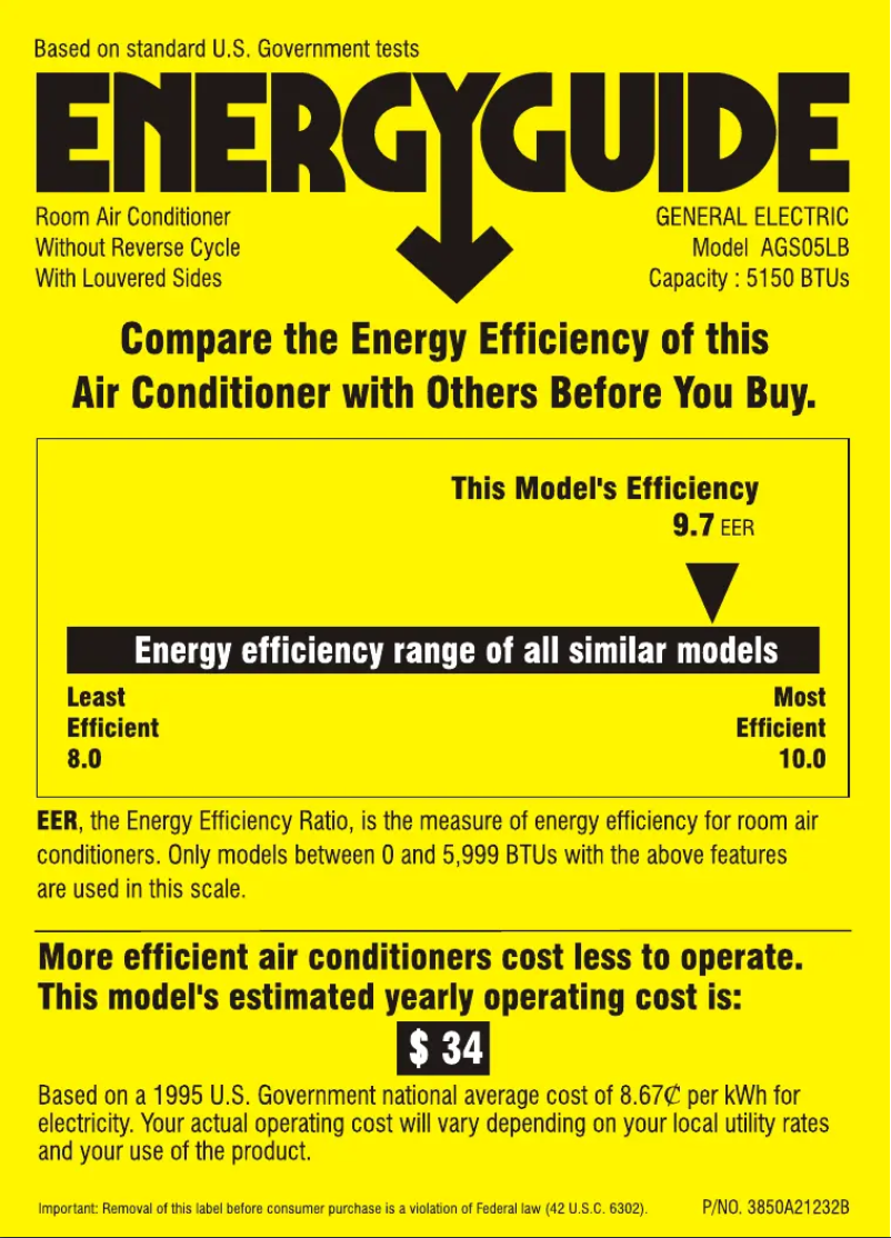 Page 1 de la notice Label énergétique GE AGS05LB