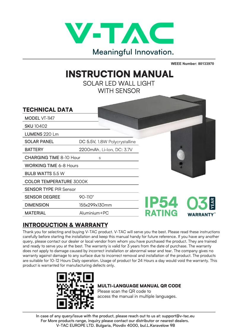 Page 1 de la notice Manuel utilisateur V-TAC VT-1147