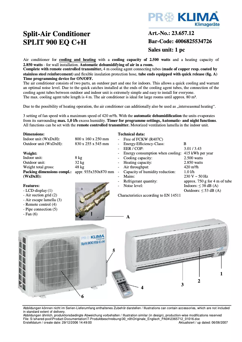 Página 1 del manual Ficha técnica Proklima Split 900 EQ C+H