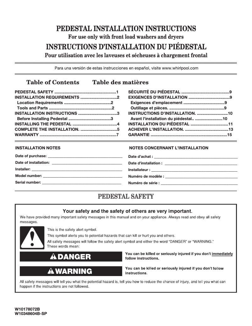 Page 1 de la notice Guide d'installation Whirlpool XHP1000X