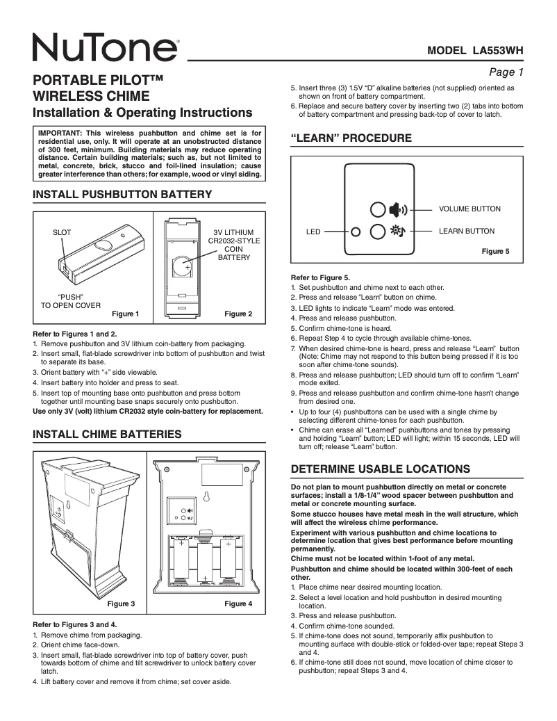 Page 1 de la notice Manuel utilisateur NuTone LA553WH
