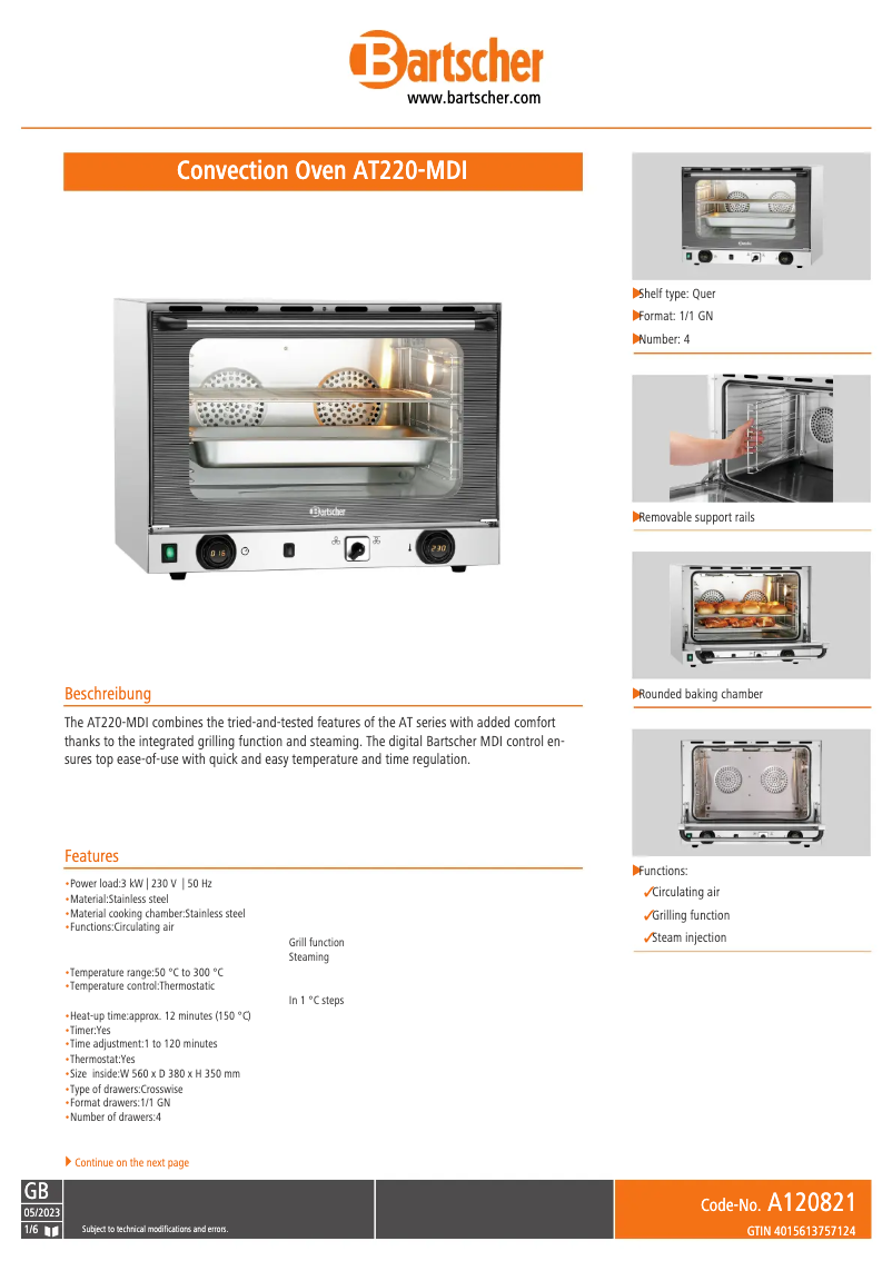 Page n°1 - Fiche technique Bartscher AT220-MDI