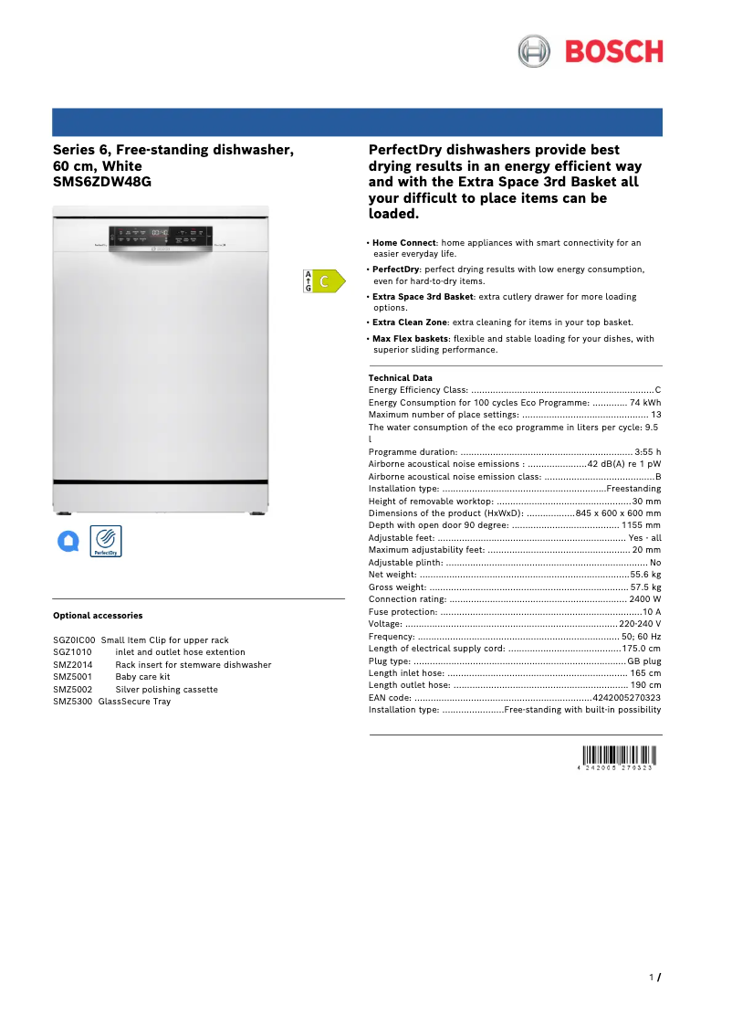 Page 1 de la notice Fiche technique Bosch SMS6ZDW48G