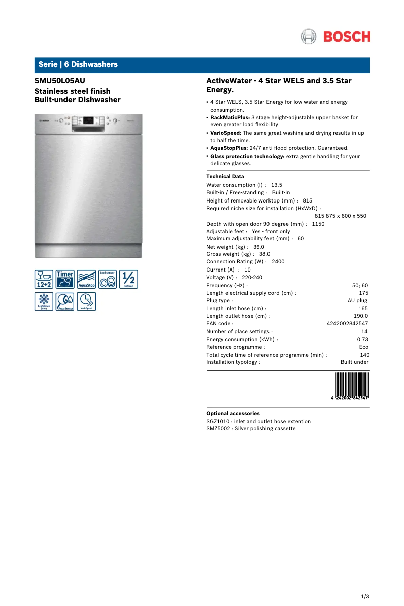 Page 1 de la notice Fiche technique Bosch SMU50L05AU