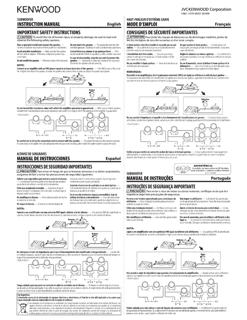 Page n°1 - Manuel utilisateur Kenwood KFC-W3016PS