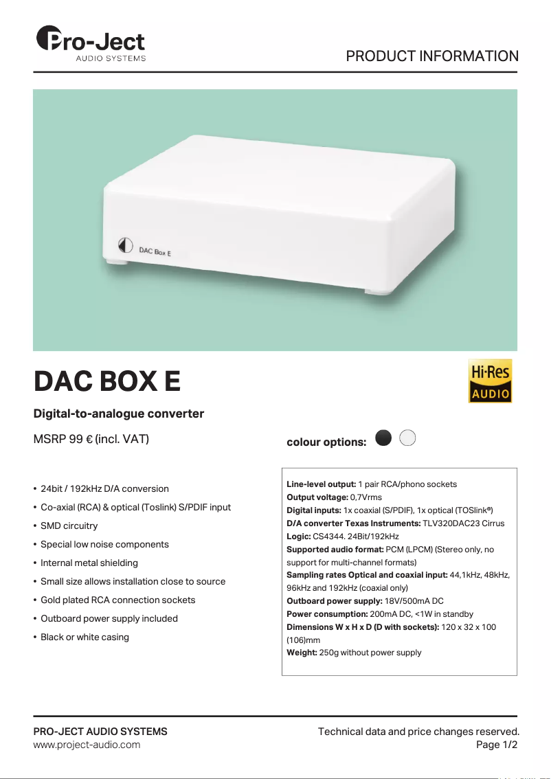 Page n°1 - Fiche technique Pro-Ject DAC Box E