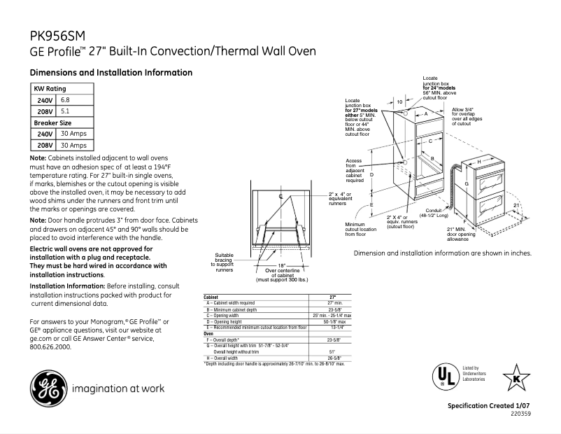 Página 1 del manual Ficha técnica GE Profile PK956SMSS