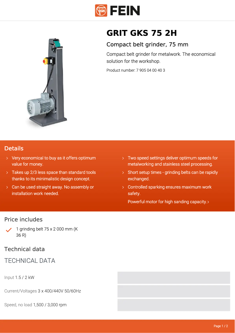 Página 1 del manual Ficha técnica Fein GRIT GKS 75 2H