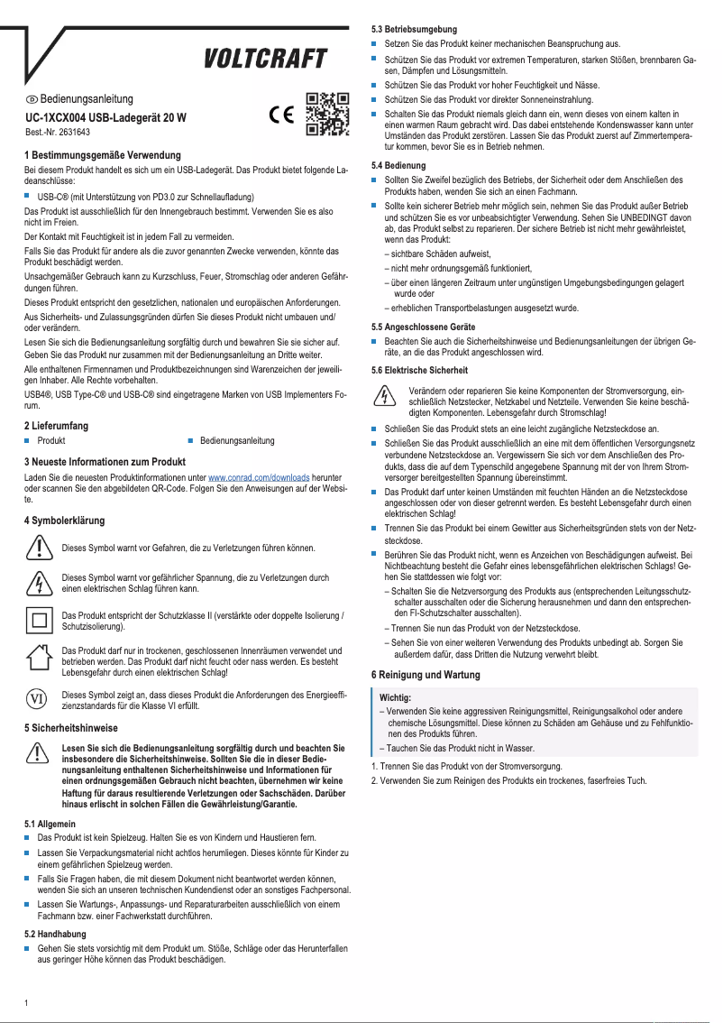 Page n°1 - Manuel utilisateur Voltcraft UC-1XCX004