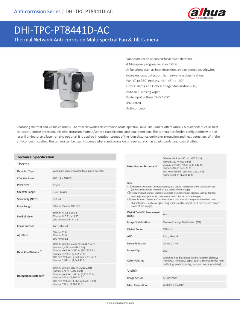 Page 1 de la notice Fiche technique Dahua Technology TPC-PT8441D-AC