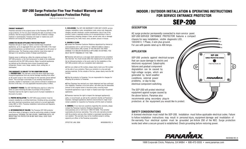Page n°1 - Manuel utilisateur Panamax SEP-200