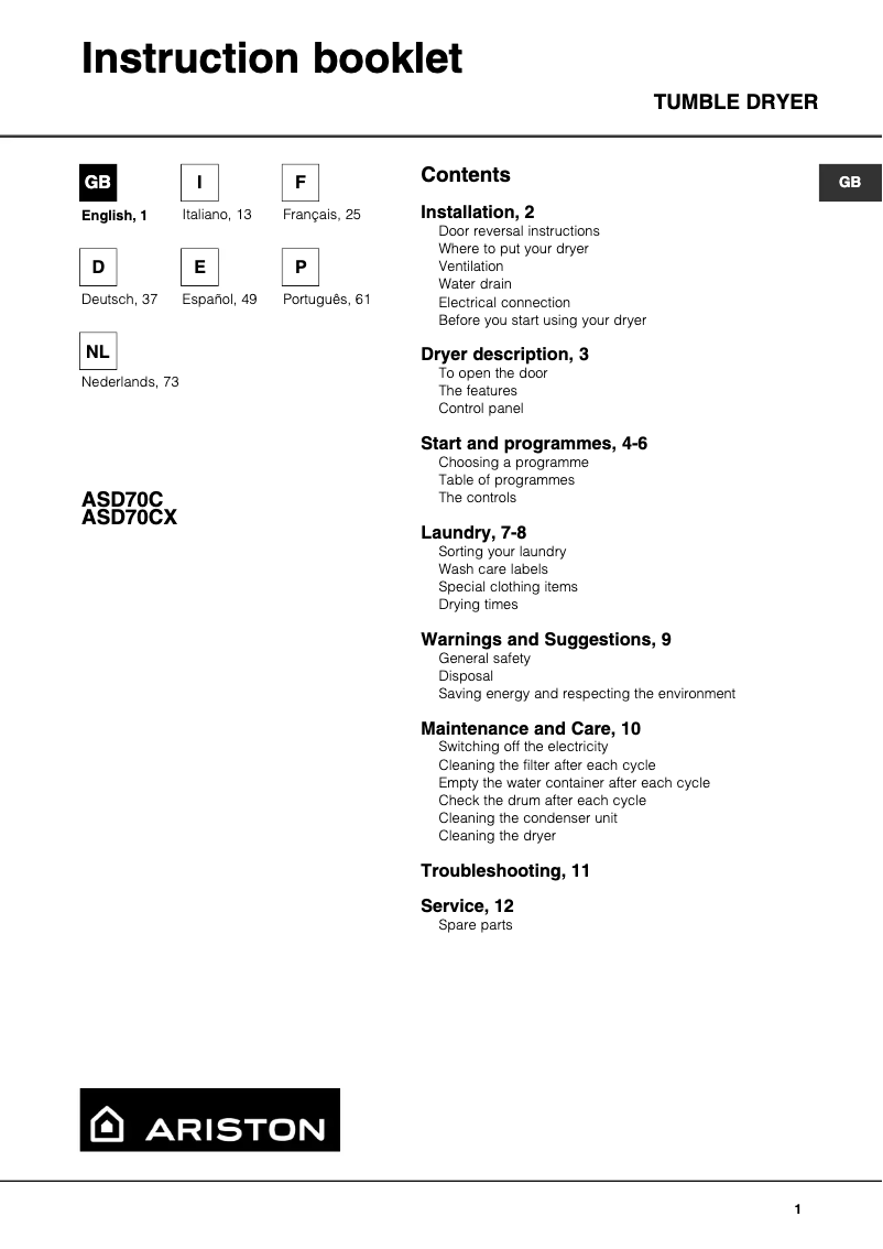 Page n°1 - Manuel utilisateur Hotpoint Ariston ASD 70 C