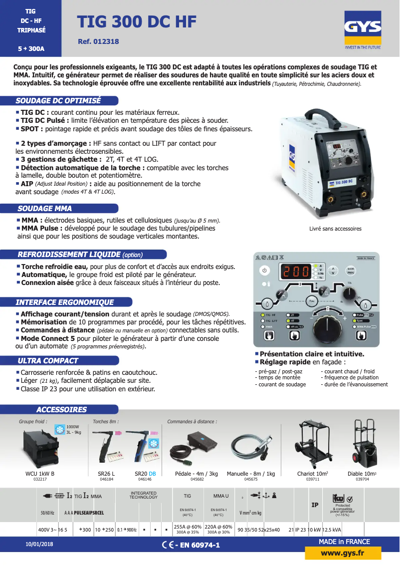Page 1 de la notice Fiche technique GYS TIG 300 DC