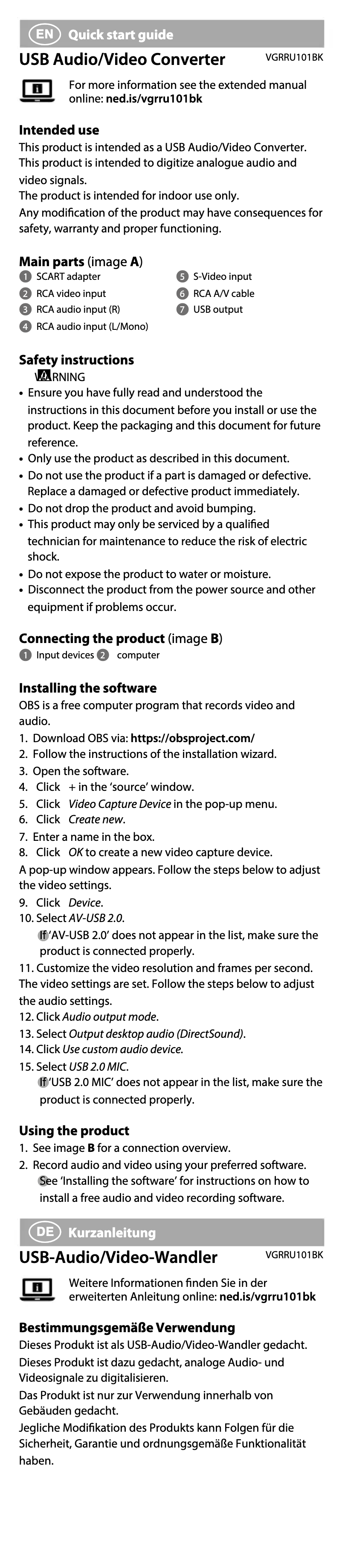 Page 1 de la notice Manuel utilisateur Nedis VGRRU101BK
