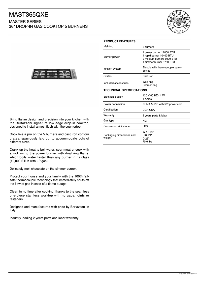 Page 1 de la notice Fiche technique Bertazzoni MAST365QXE