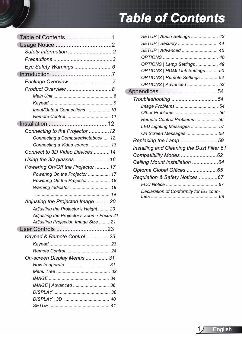 Page 1 de la notice Manuel utilisateur Optoma DH1009