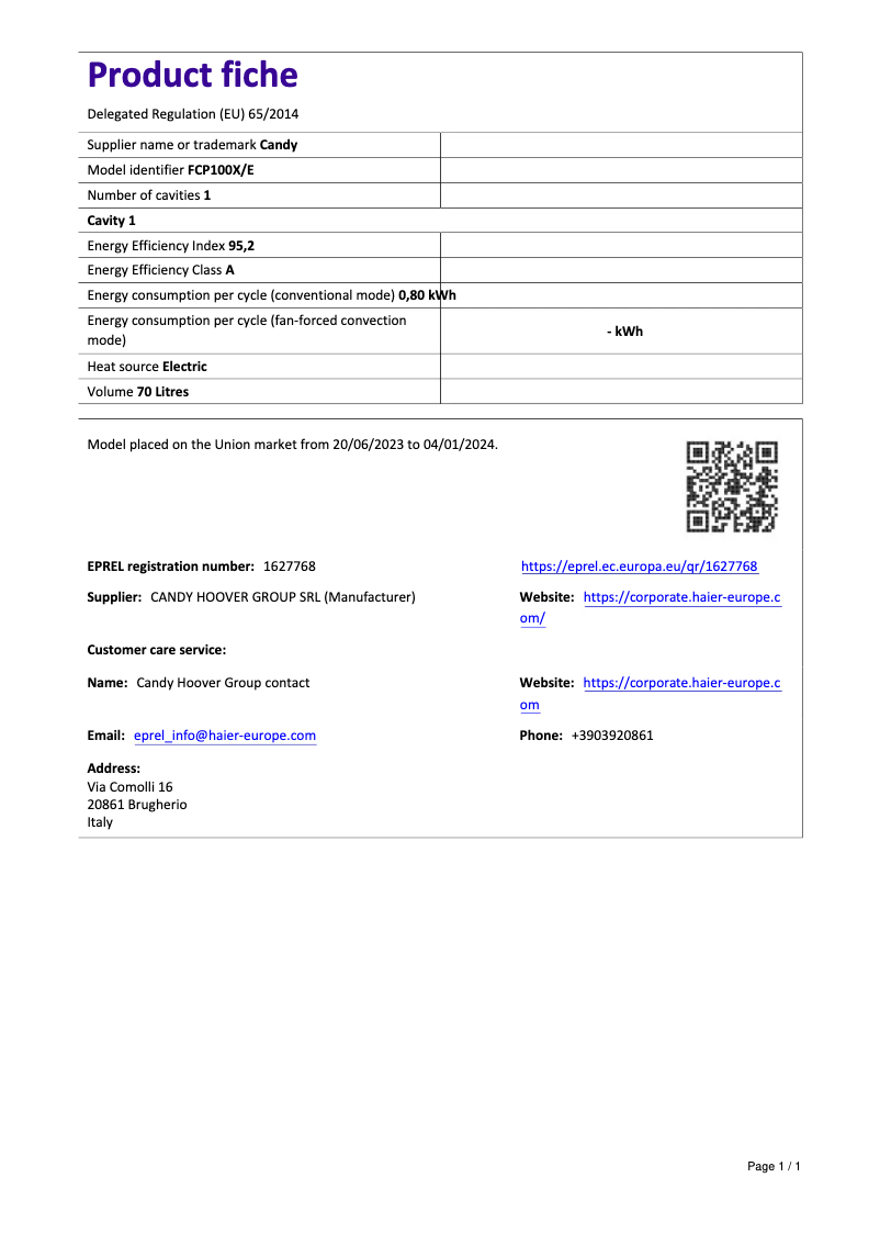 Page 1 de la notice Manuel utilisateur Candy FCP100X/E