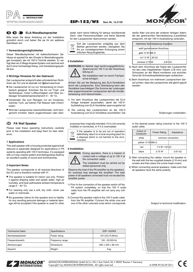 Page n°1 - Manuel utilisateur Monacor ESP-152/WS