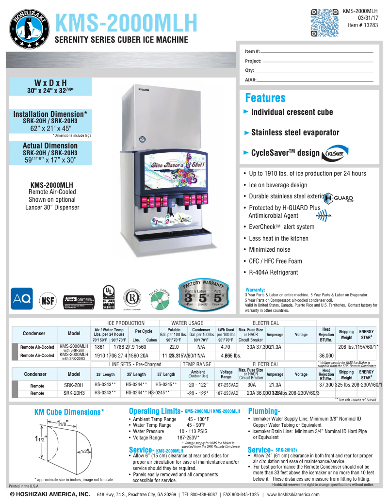 Page 1 de la notice Fiche technique Hoshizaki KMS-2000MLH