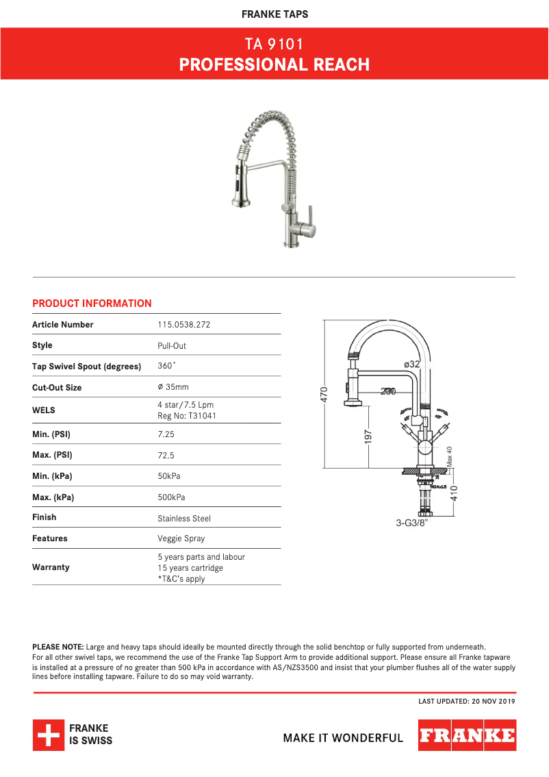 Page 1 of the manual Technical Sheet Franke TA9101