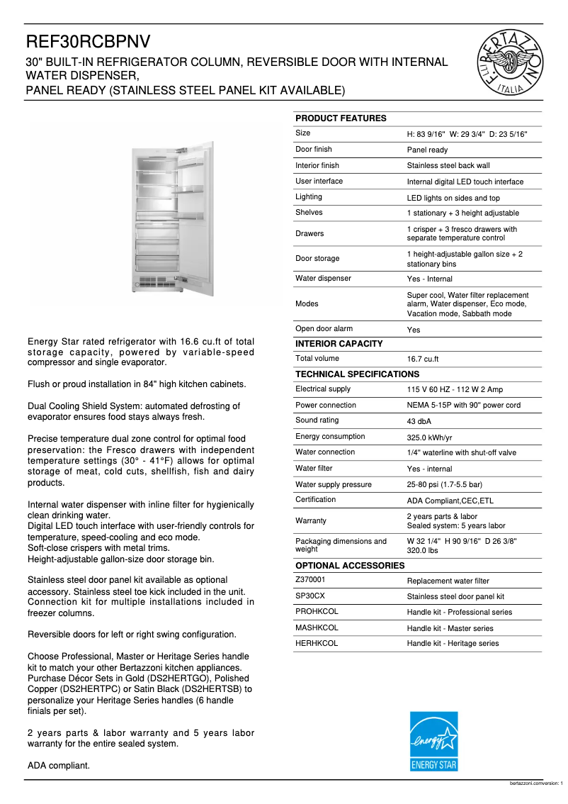 Page 1 de la notice Fiche technique Bertazzoni REF30RCBPNV