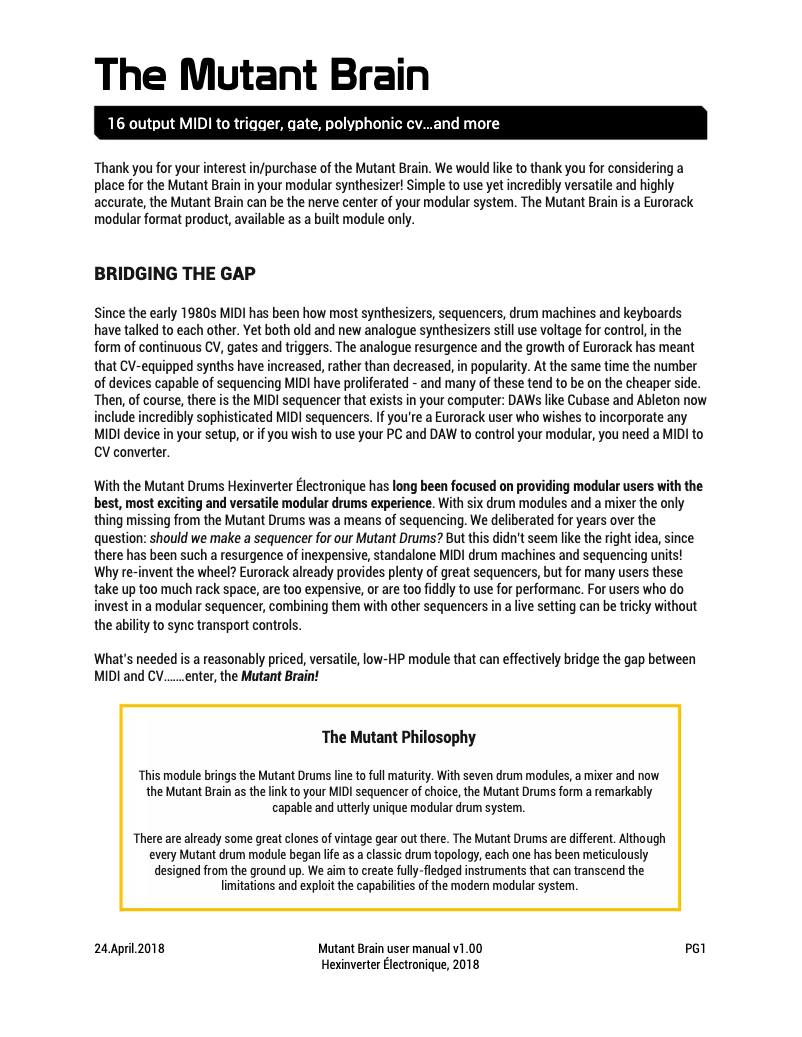 Page 1 de la notice Manuel utilisateur Erica Synths Mutant Brain
