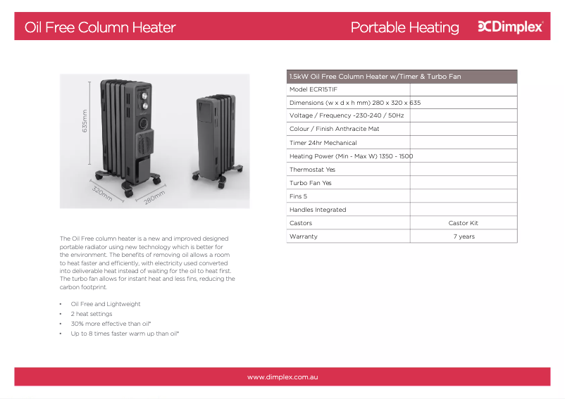 Página 1 del manual Ficha técnica Dimplex ECR15TIF