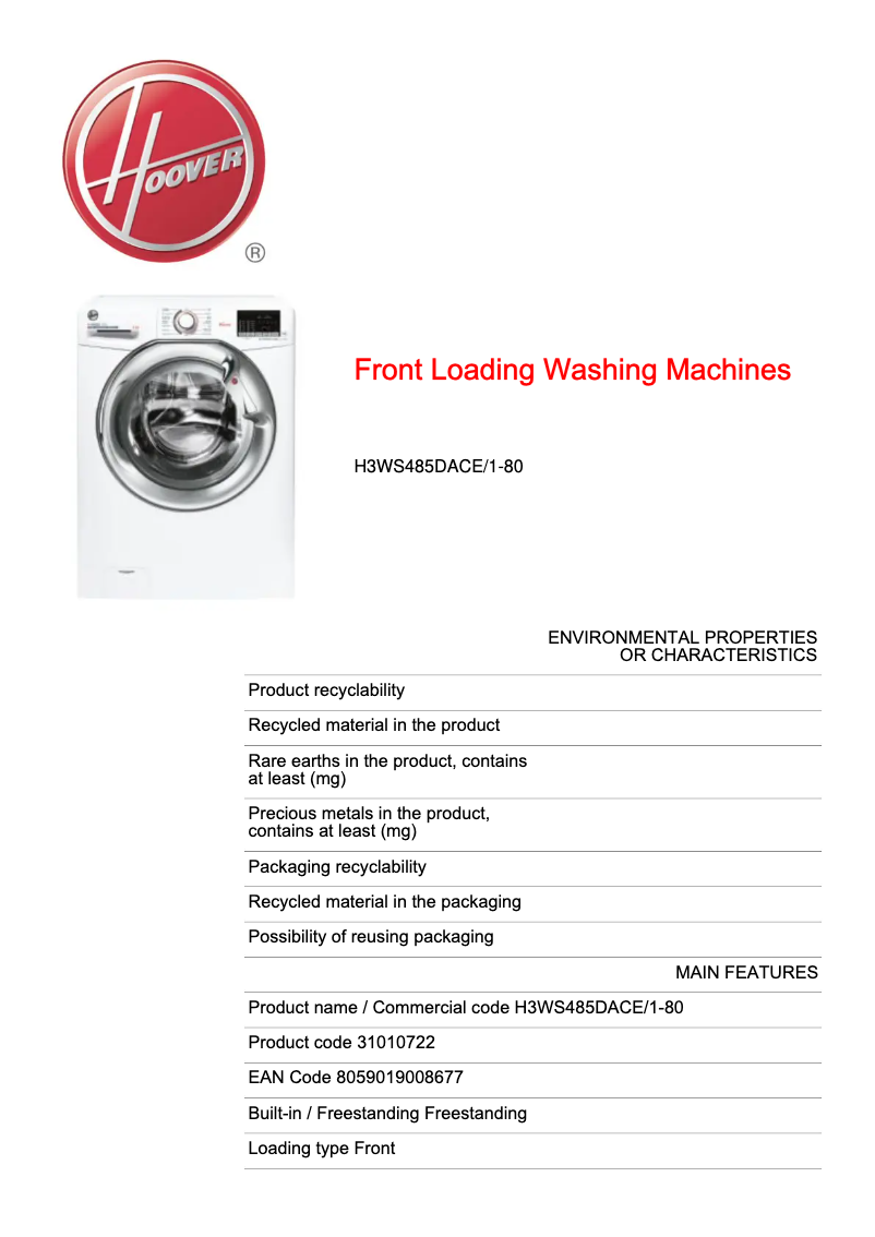 Page 1 de la notice Fiche technique Hoover H-WASH 300 LITE H3WS485DACE/1-80