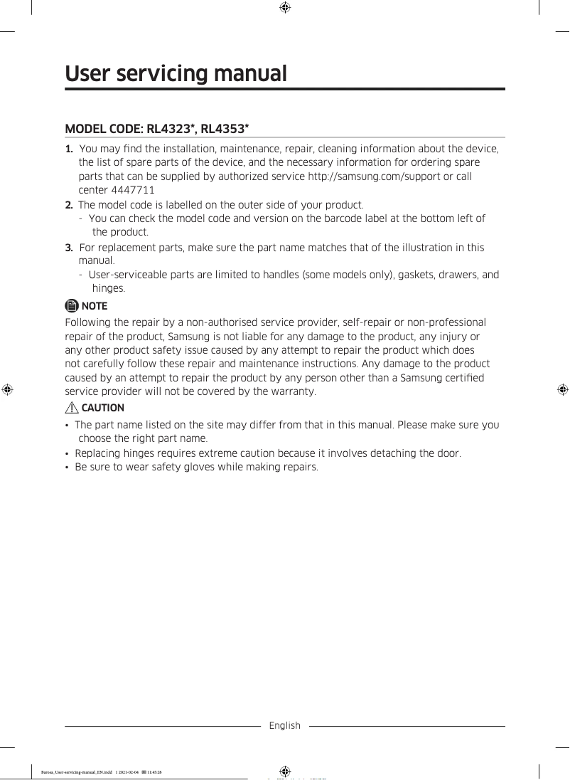 Page n°1 - Manuel utilisateur Samsung RL4323RBASP