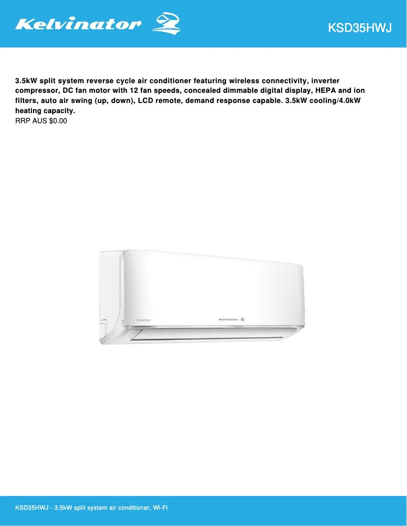 Page n°1 - Fiche technique Kelvinator KSD35HWJ