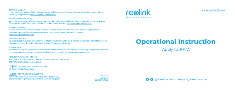 Page 1 de la notice Manuel utilisateur Reolink FE-W