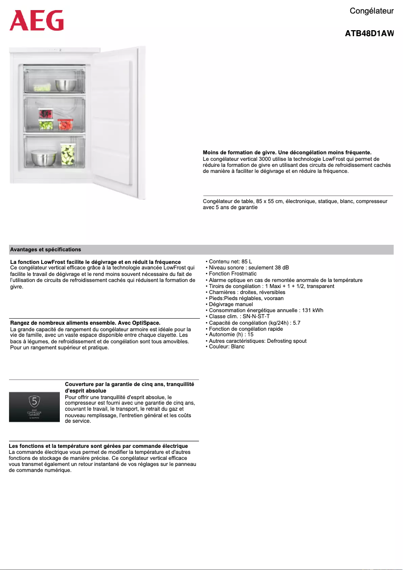Page 1 de la notice Fiche technique AEG ATB48D1AW