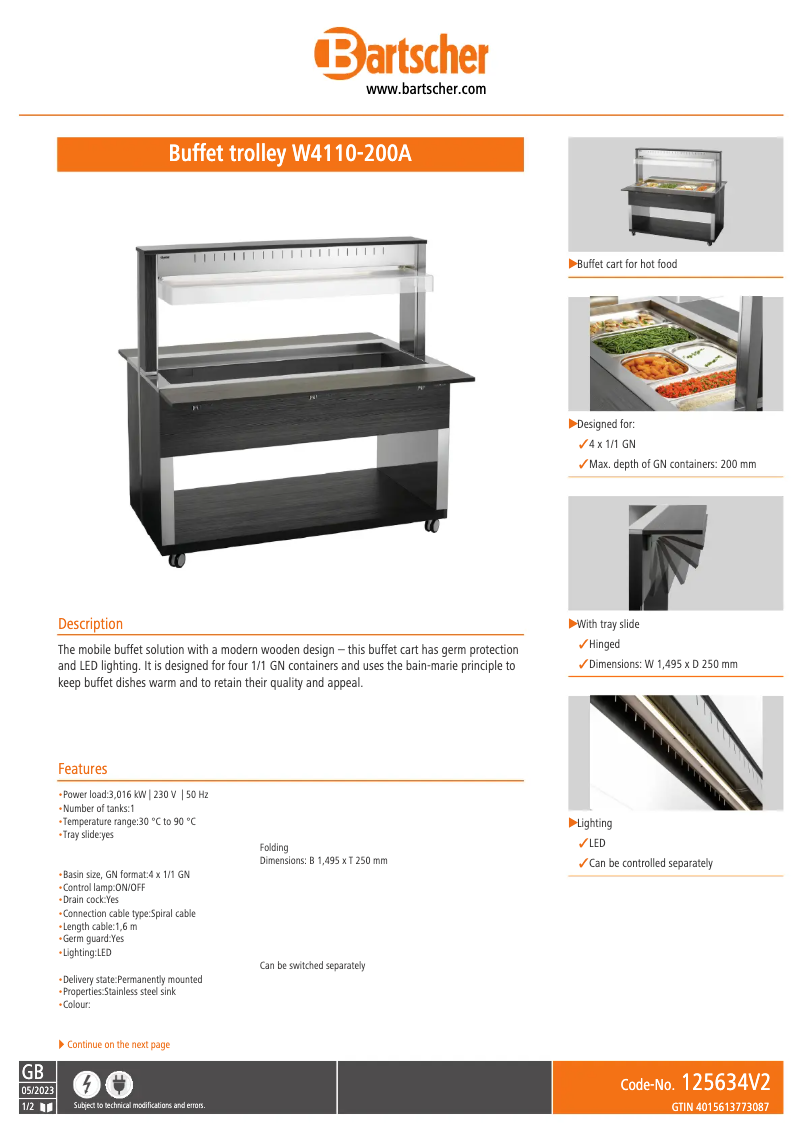 Page n°1 - Fiche technique Bartscher W4110-200A