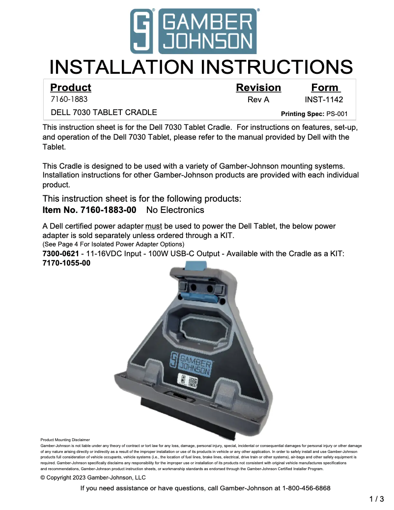 Page 1 de la notice Manuel utilisateur Gamber-Johnson 7160-1883-00