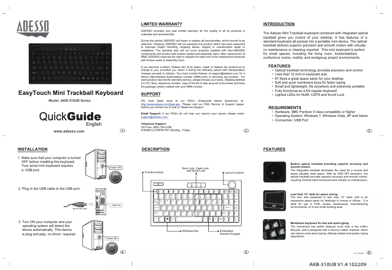 Page n°1 - Manuel utilisateur Adesso EasyTouch Mini Trackball Keyboard AKB-310