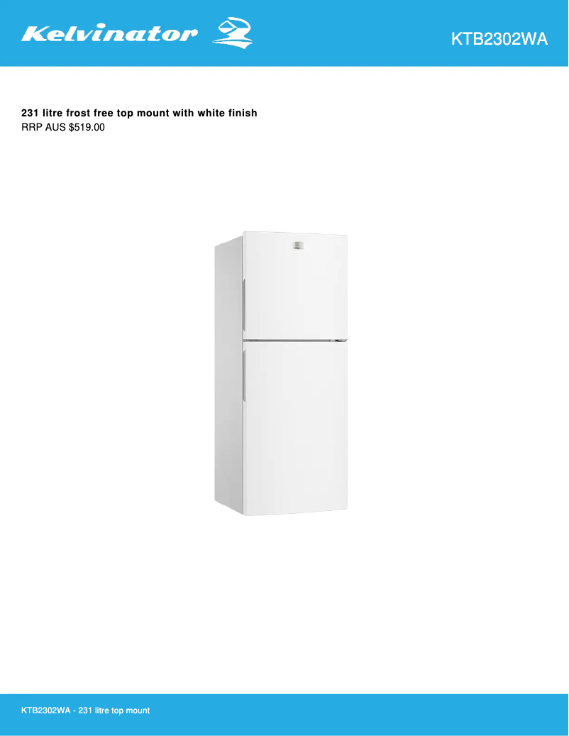 Page n°1 - Fiche technique Kelvinator KTB2302WA