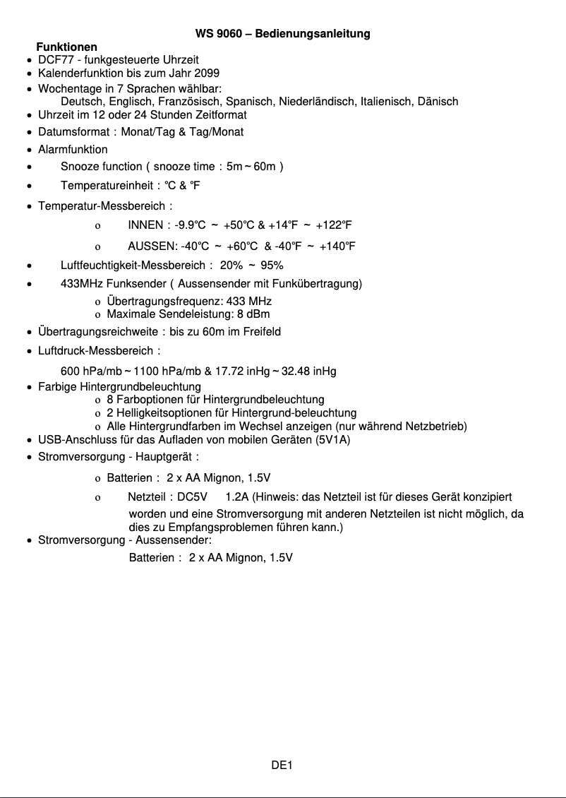 Page 1 de la notice Manuel utilisateur Techno Line WS 9060